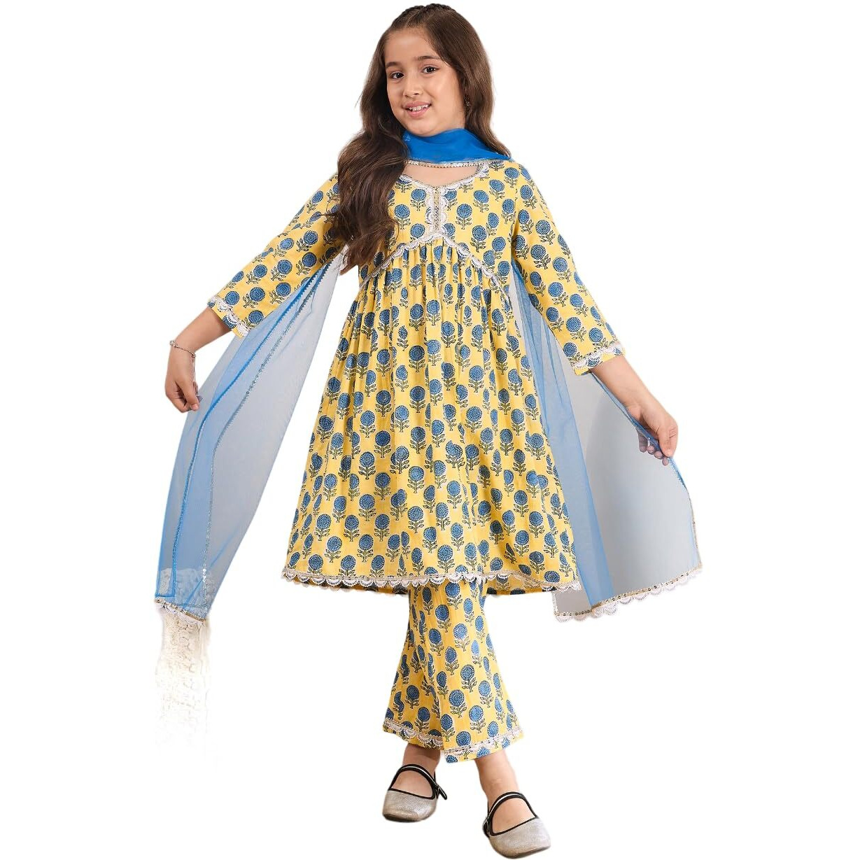 Pspeaches Girl's Cotton Regular 1 Kurta, 1 Pant (Ks-Bluesunflower-4-5Y_Yellow