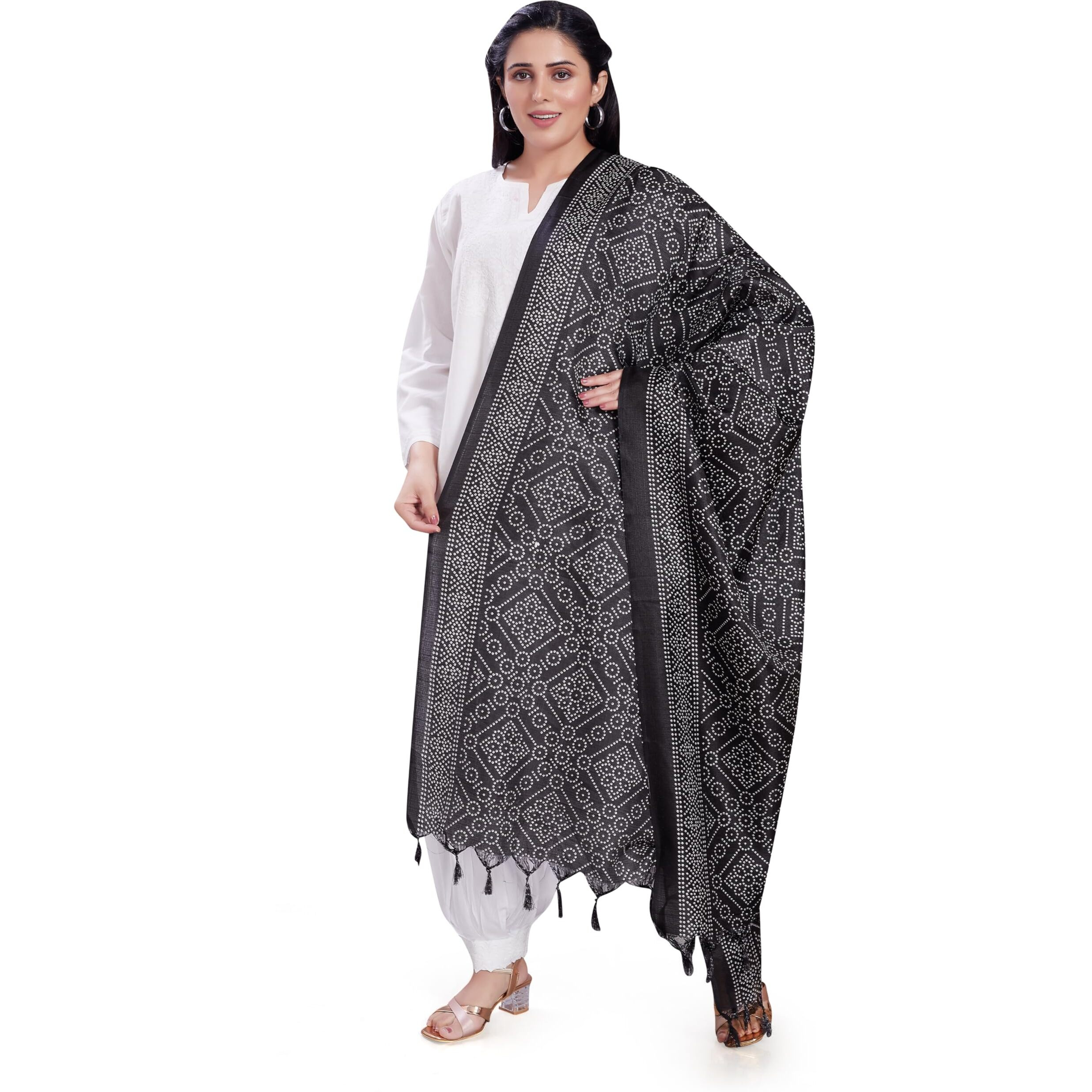 Rani Saahiba Women's Printed Art Silk Bandhani Dupatta(Skrdd2803_Black)