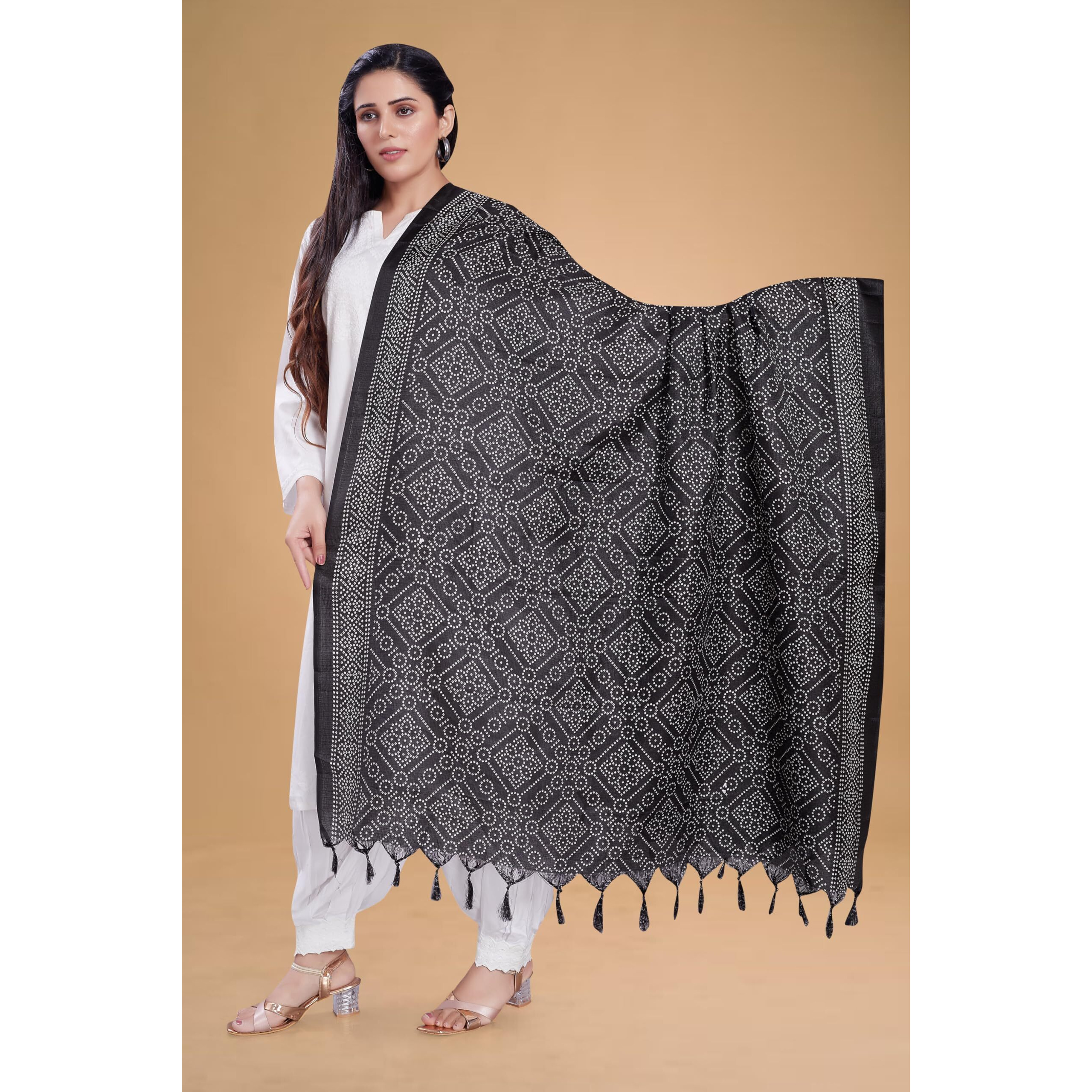 Rani Saahiba Women's Printed Art Silk Bandhani Dupatta(Skrdd2803_Black)