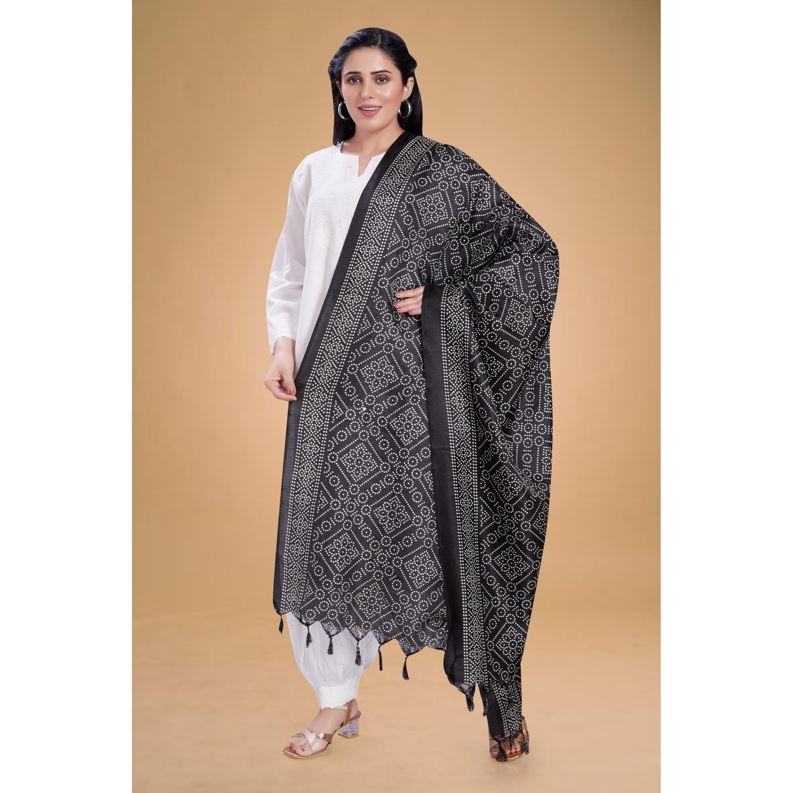 Rani Saahiba Women's Printed Art Silk Bandhani Dupatta(Skrdd2803_Black)