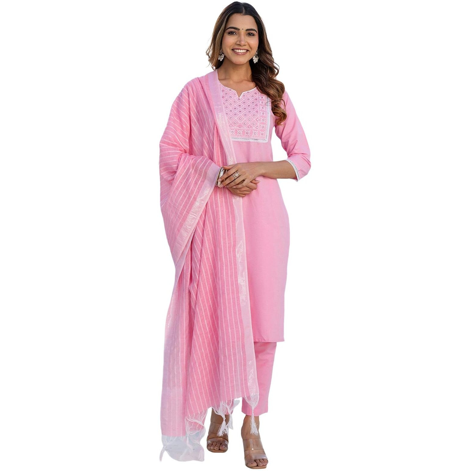 Sanisa Women's Cotton Embroidery And Mirror Work Straight Kurta With Pant And Dupatta Set (285Kbd2986N-Xl_Pink)