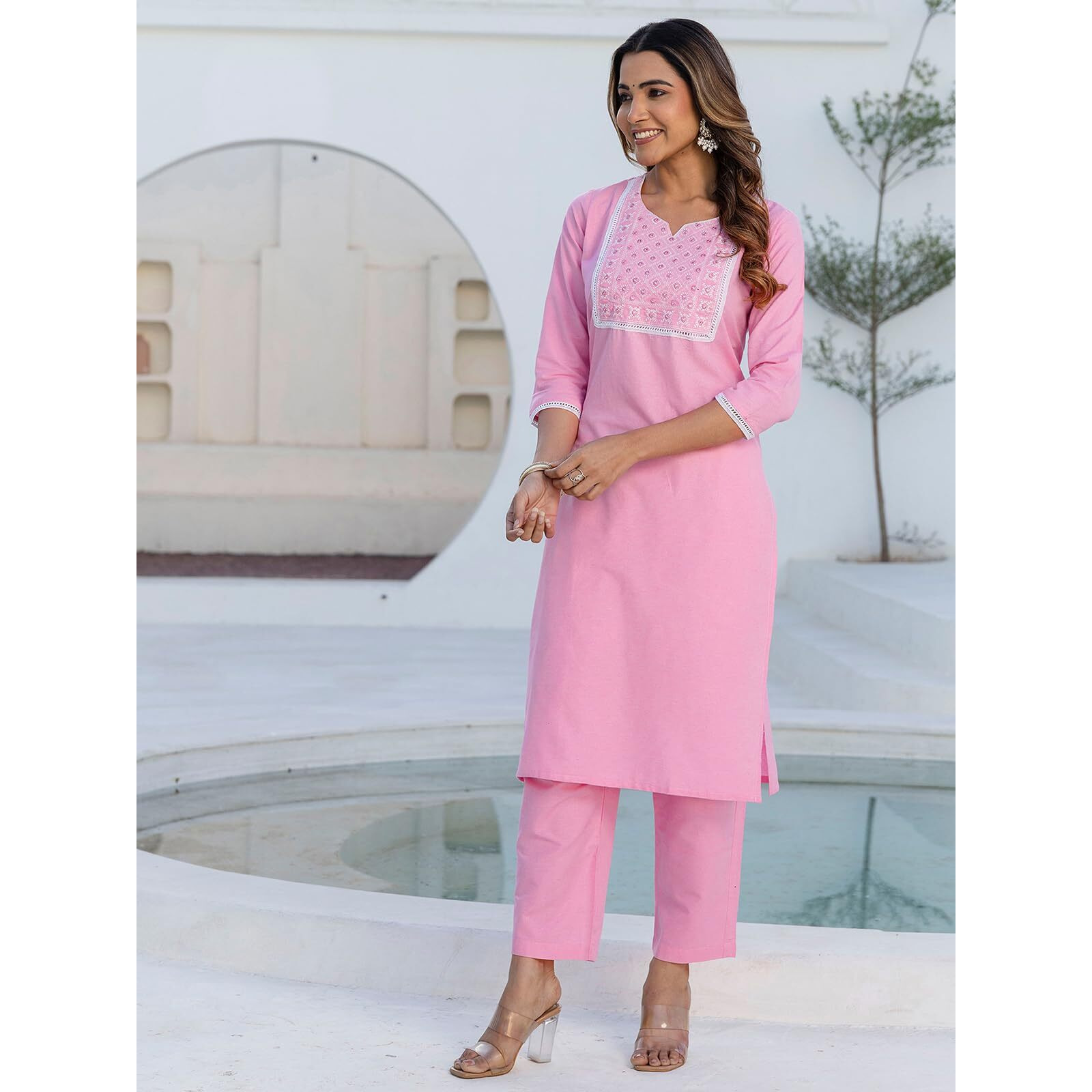 Sanisa Women's Cotton Embroidery And Mirror Work Straight Kurta With Pant And Dupatta Set (285Kbd2986N-Xl_Pink)