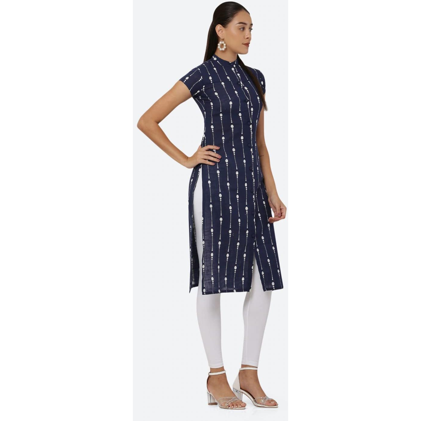 See Designs Women Navy Blue & White Khari Print Cape Sleeve Straight Kurta - Sd1600Xl