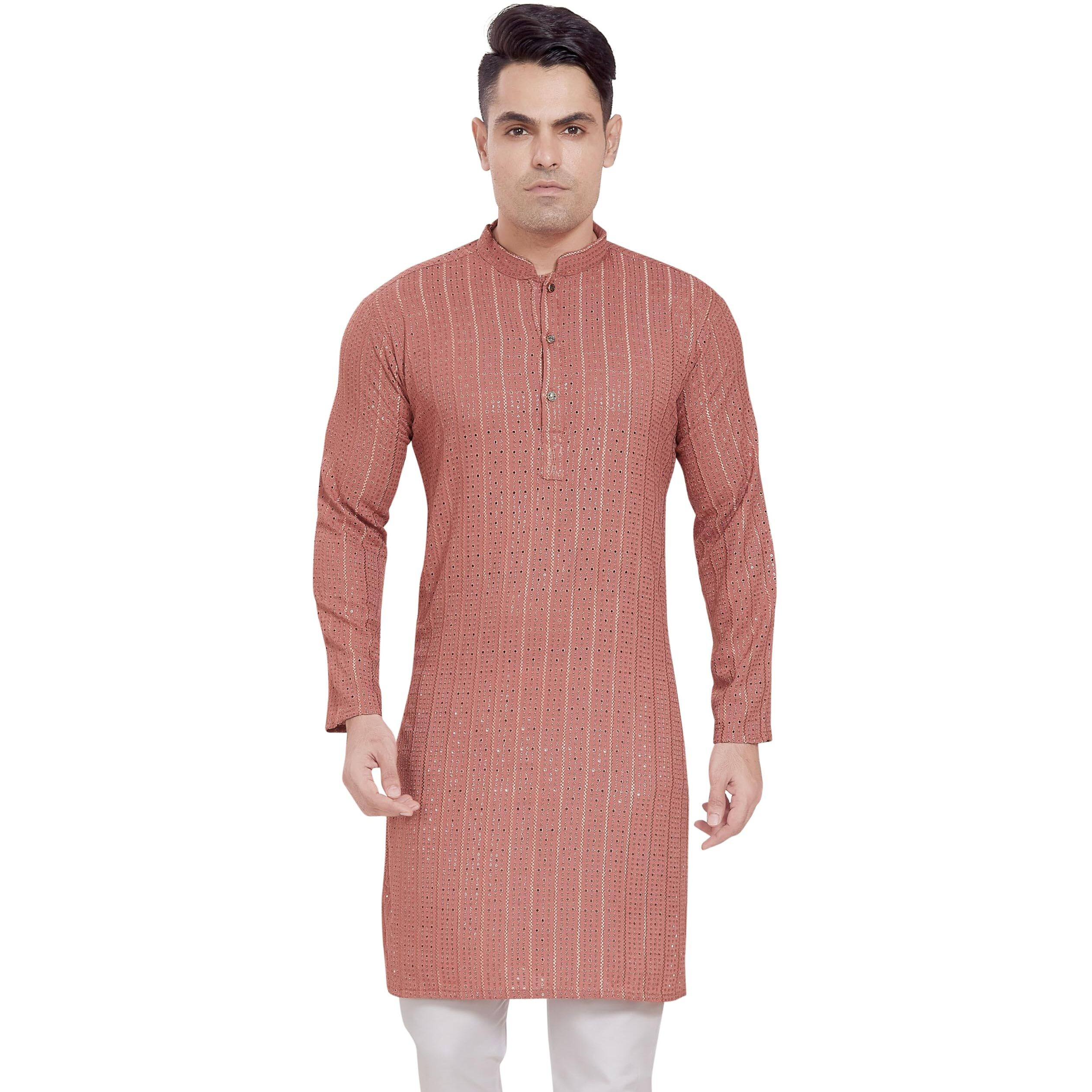 Divisive Men's Embroidered Cotton Blend Only Slim Fit Kurta (Dkrt380_L_Peach)