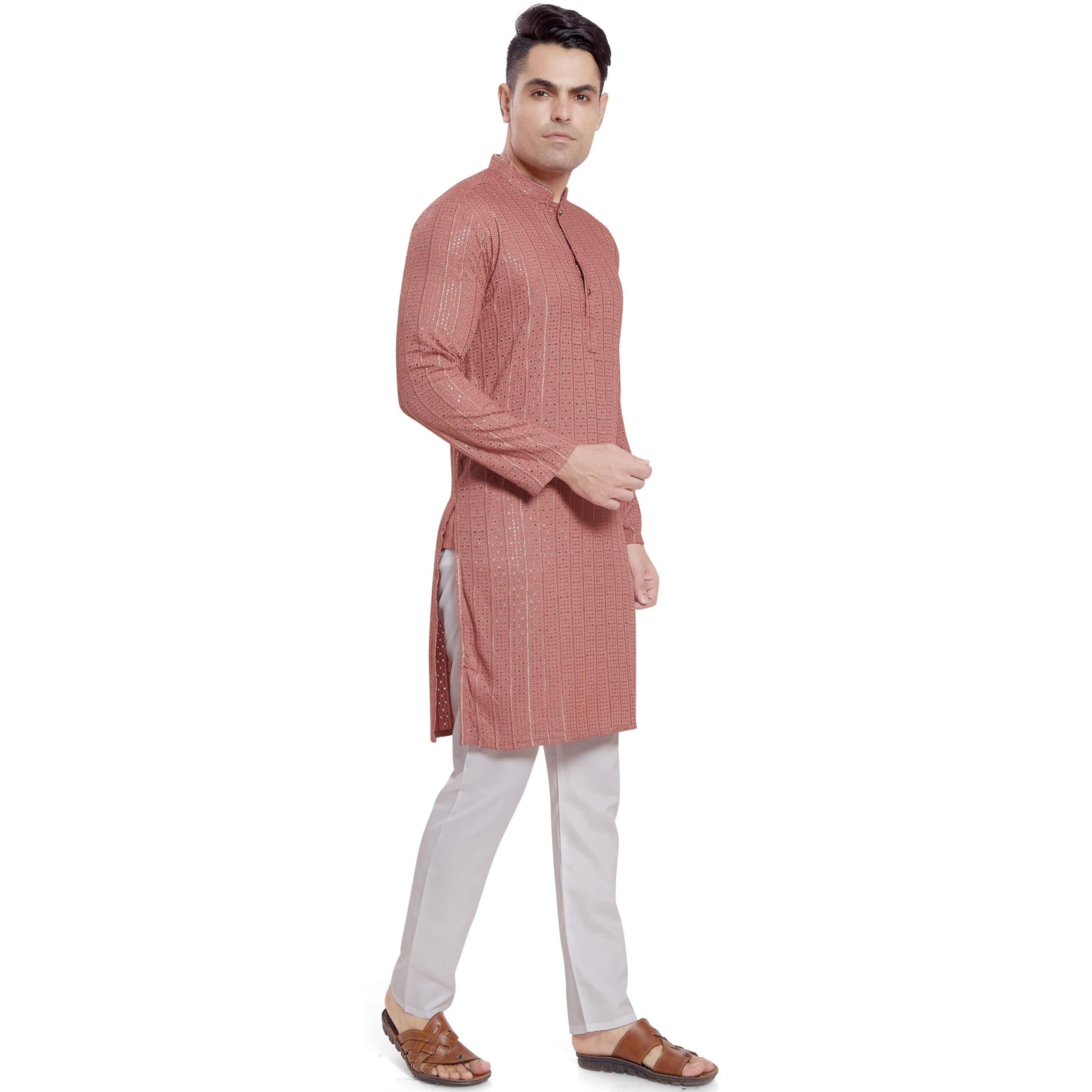 Divisive Men's Embroidered Cotton Blend Only Slim Fit Kurta (Dkrt380_L_Peach)