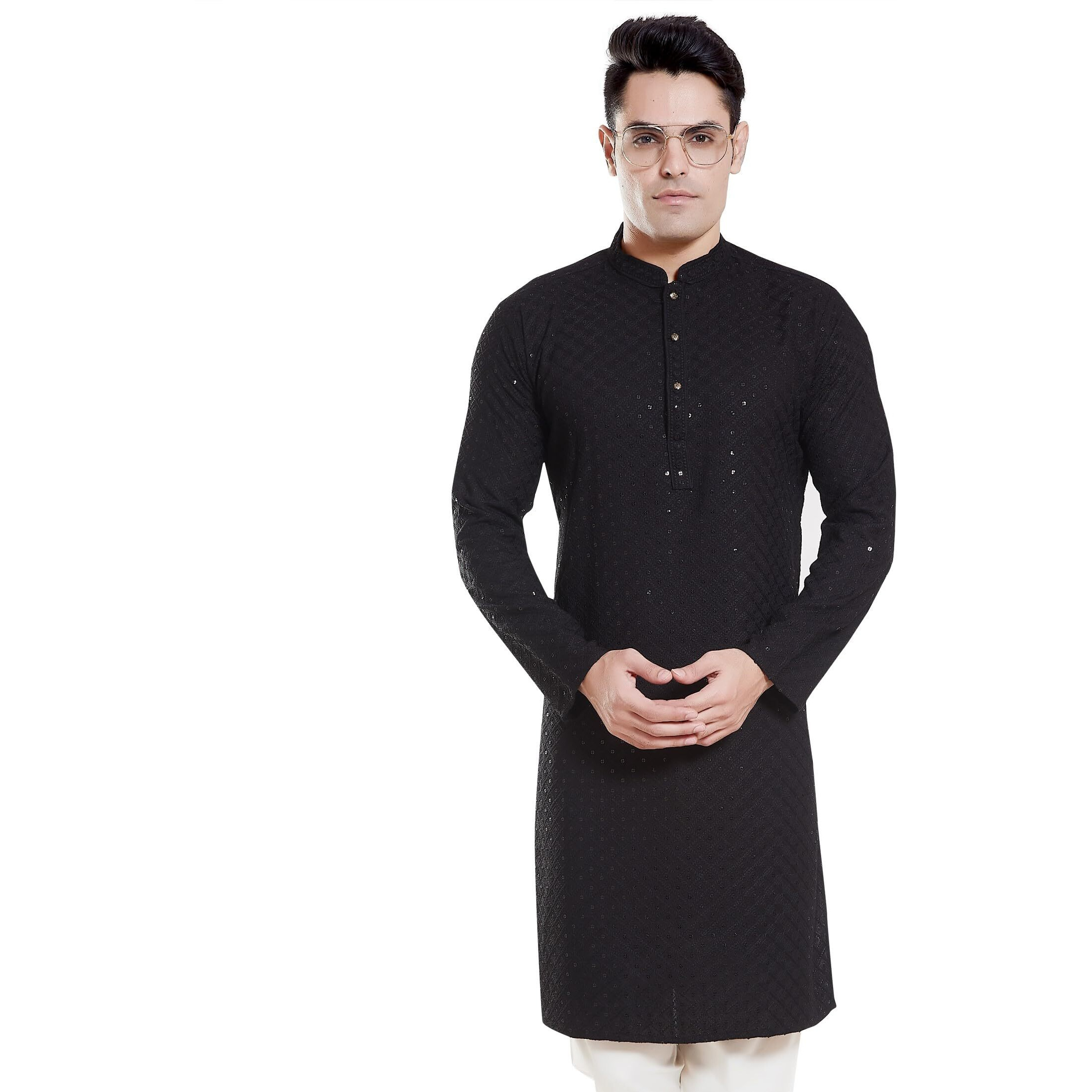 Divisive Men's Sequince Embroidered Cotton Blend Only Slim Fit Kurta (Dkrt134_Xxxl_Black)