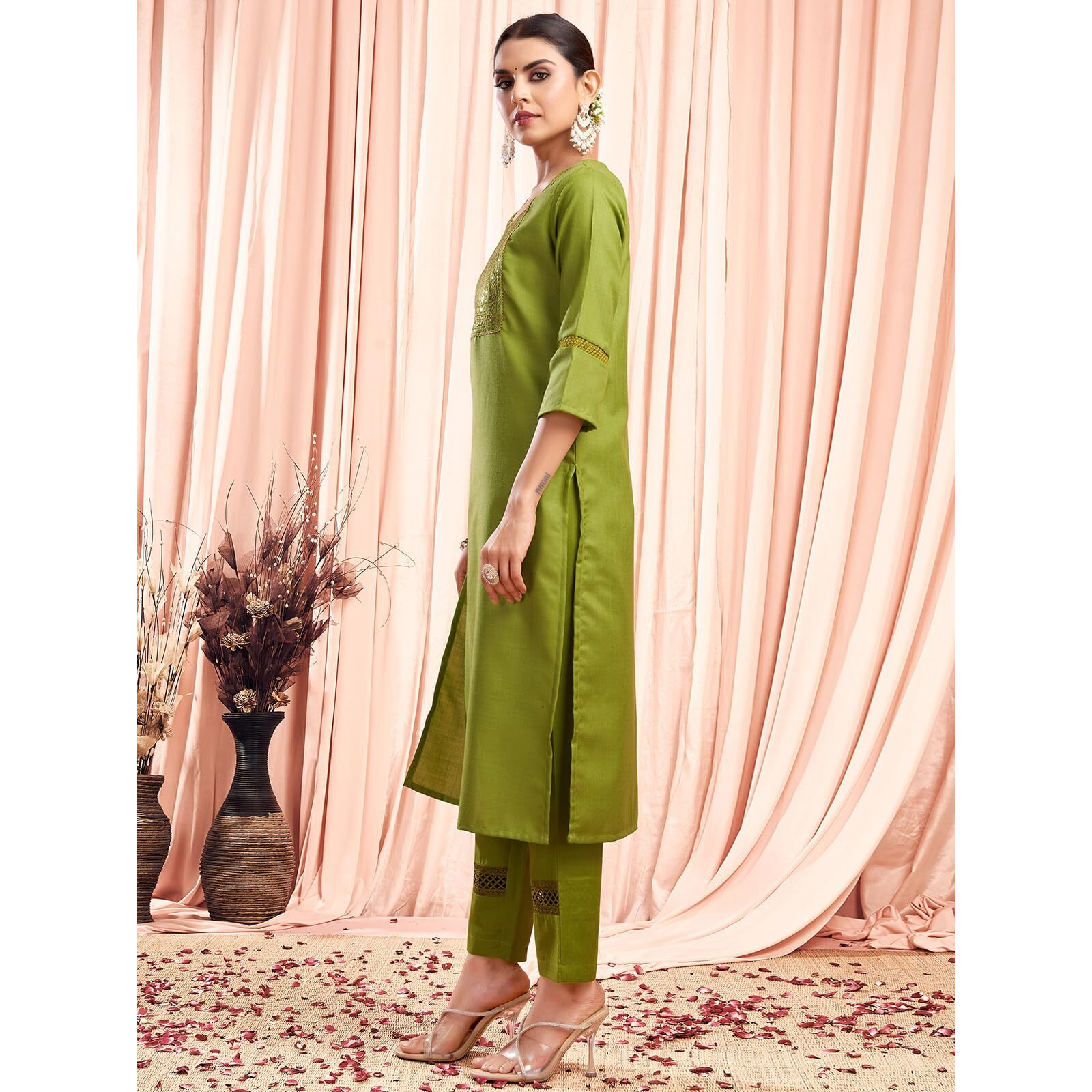 Sanisa Women's Cotton Blend Sequence Embroidery Work Straight Kurta With Pant And Dupatta Set (80Kbd895Nr-L_Parrot Green)