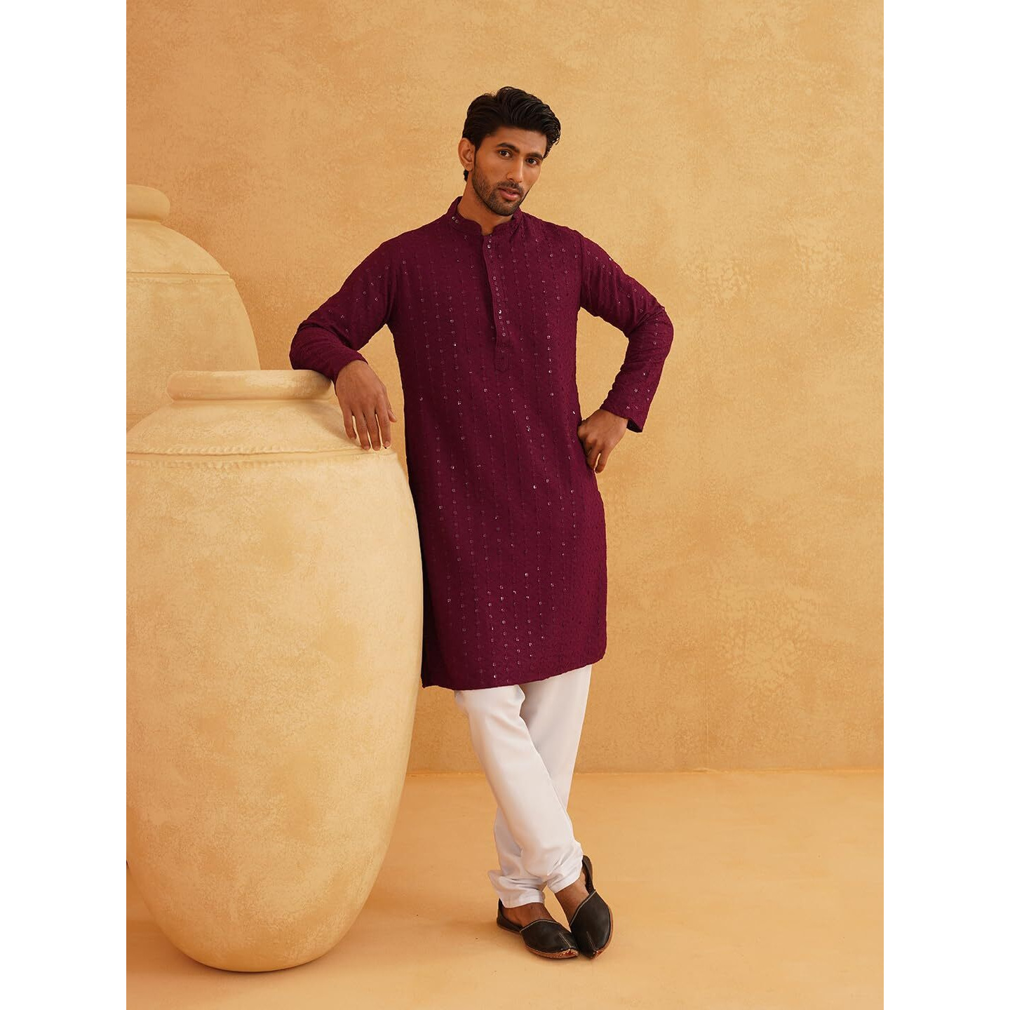 Sojanya (Since 1958 Men's Sequinned Embroidered Purple Cotton Kurta And White Pyjama Set