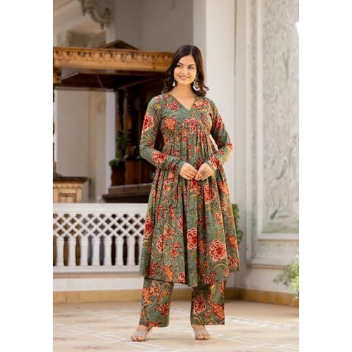 Fabnex Cotton Blend Regular Women Kurta Set (K-66-Green-Xl_Green