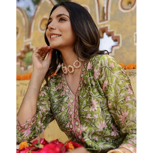 Fabnex Poly Reyon Regular Women Kurta Set (K-77-Green-Xl_Green