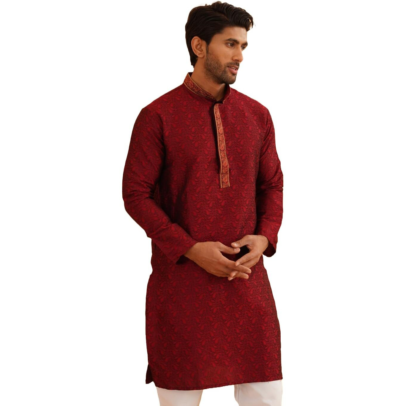Sojanya (Since 1958 Men's Silk Blend Paisley Design Maroon Long Kurta