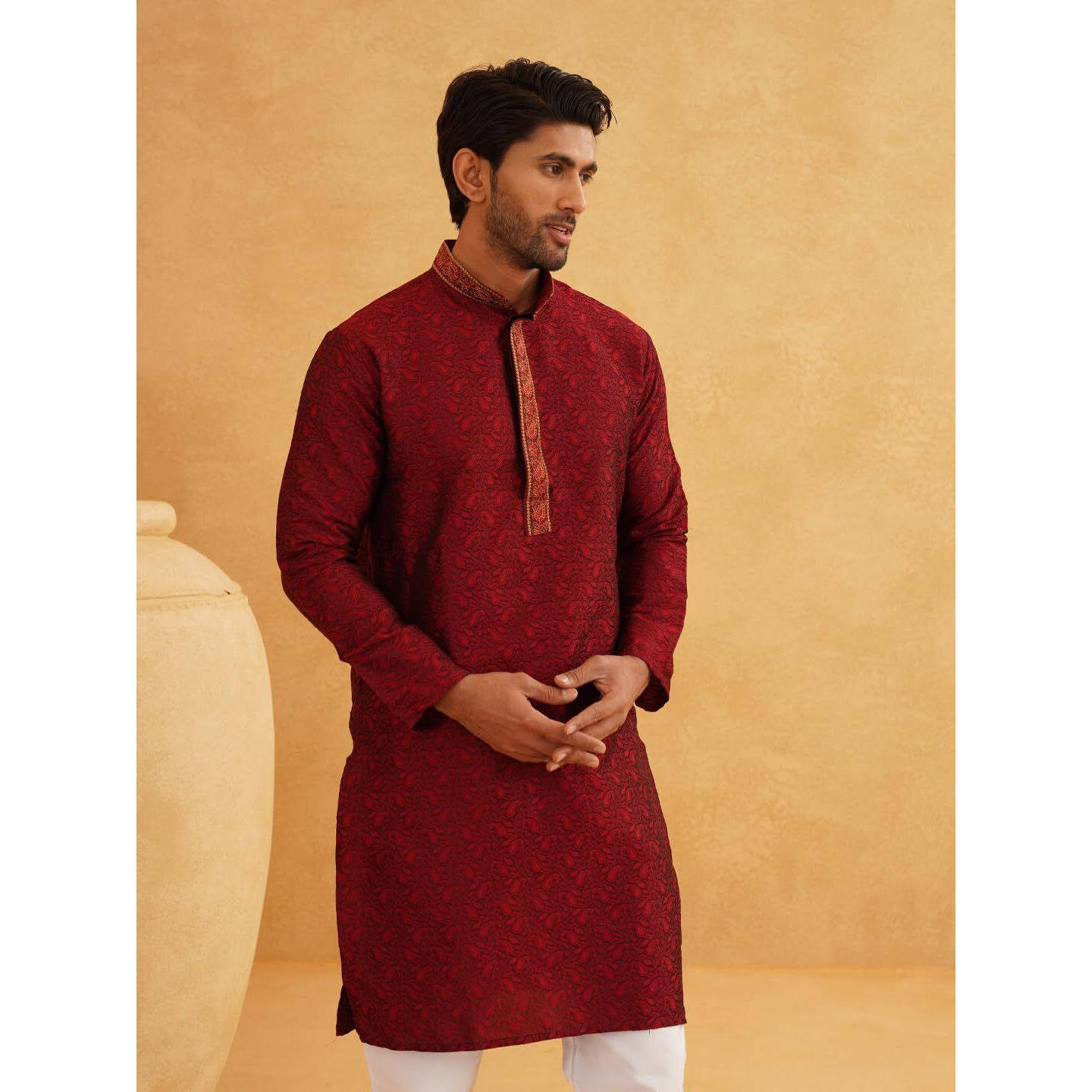 Sojanya (Since 1958 Men's Silk Blend Paisley Design Maroon Long Kurta