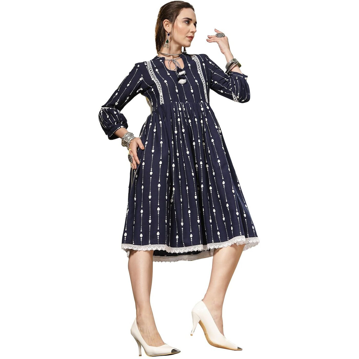 Stylum Women's Khadi Printed Cotton Flared Dress (Drsbluehampi36_Blue, S)