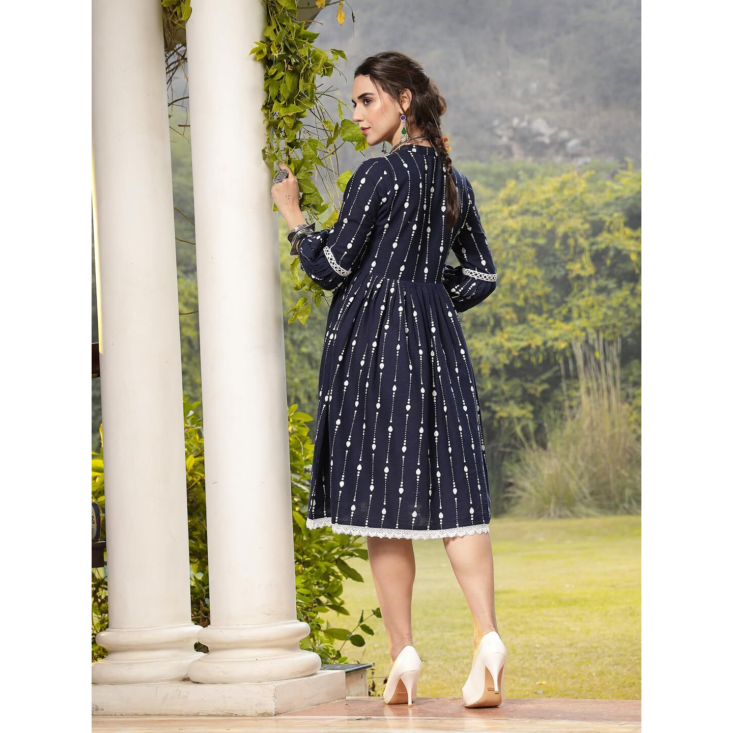 Stylum Women's Khadi Printed Cotton Flared Dress (Drsbluehampi36_Blue, S)