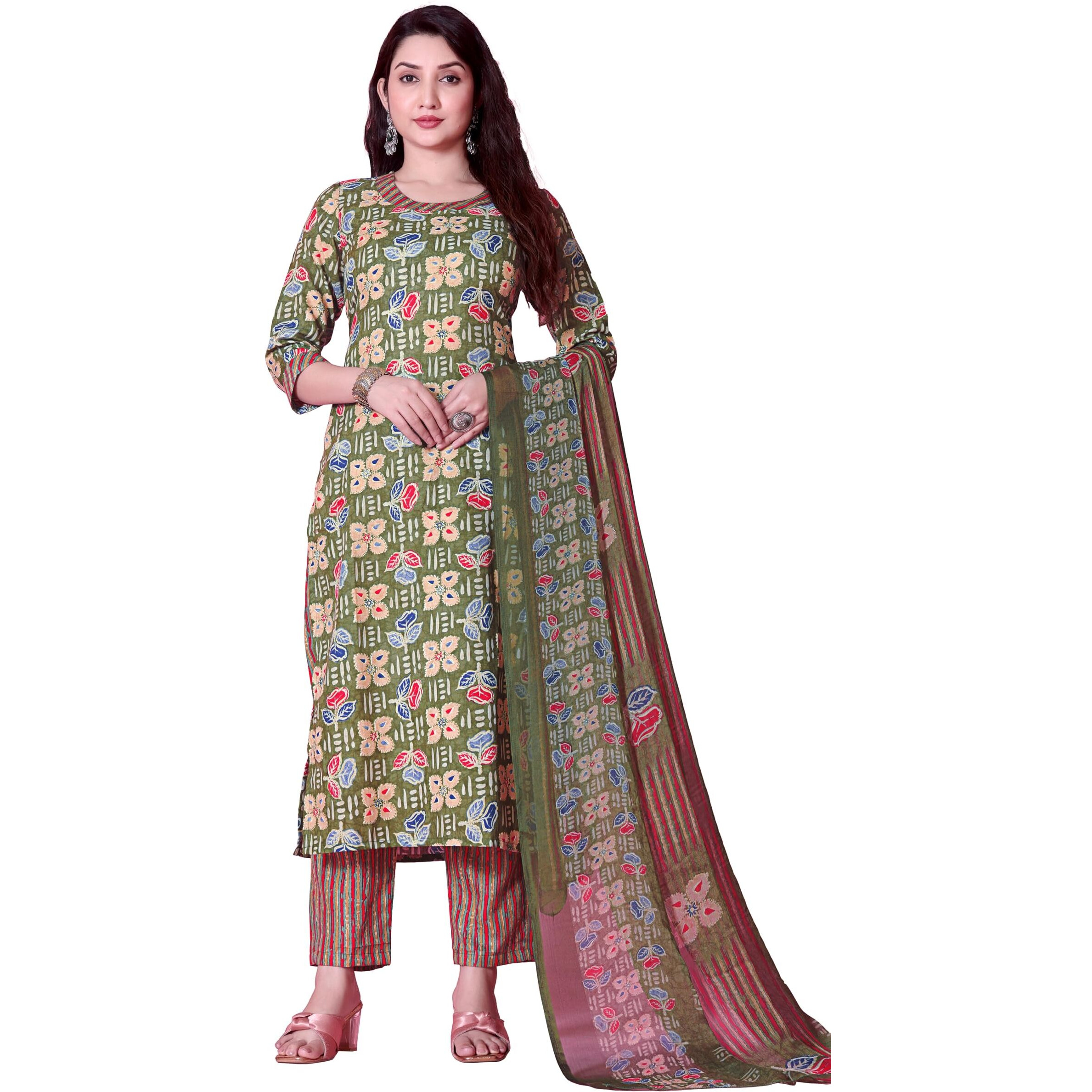 Tadkee Women's Cotton Blend Kurta Set (Fn-Kurta-Set-Dupatta-136-Olive-M_Olive