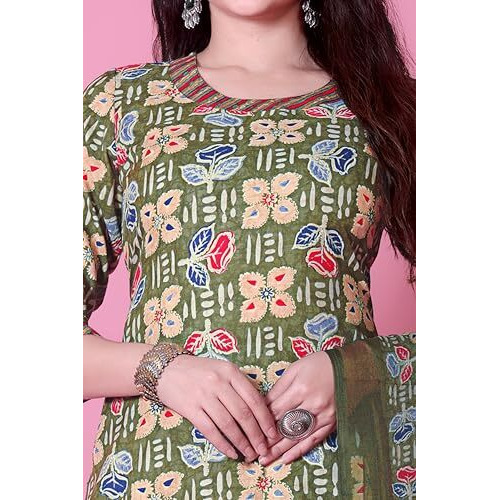 Tadkee Women's Cotton Blend Kurta Set (Fn-Kurta-Set-Dupatta-136-Olive-M_Olive