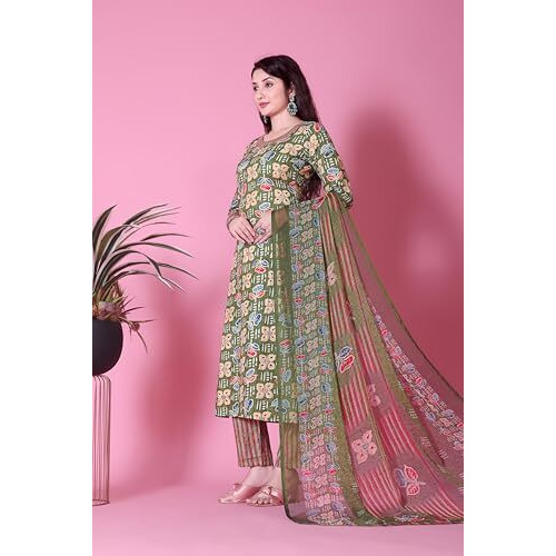 Tadkee Women's Cotton Blend Kurta Set (Fn-Kurta-Set-Dupatta-136-Olive-M_Olive