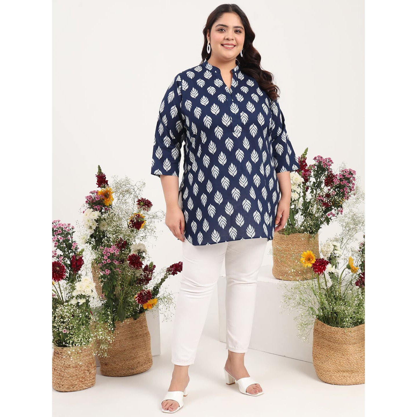 Tissu Women's Plus Size Indigo Leaf Printed Pure Cotton Kurti (2294_Dark Blue_6Xl)