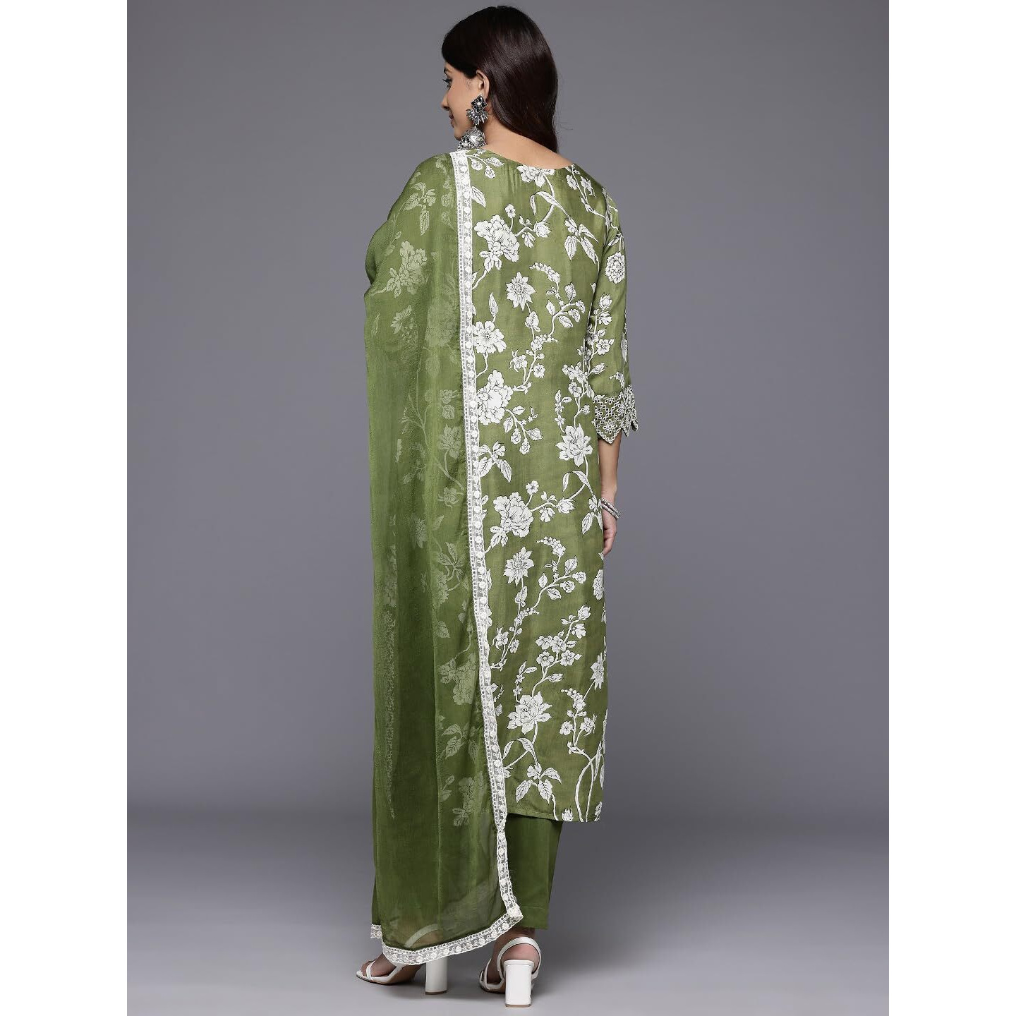 Varanga Women Green Floral Printed Shiffly Work Kurta Paired With Bottom And Dupatta