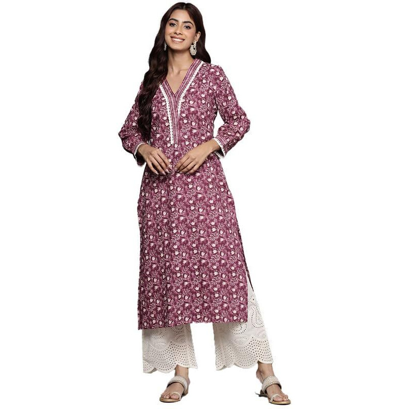 Varanga Women Magenta Floral Printed Straight Kurta For Elegant, Comfortable & Chic Design (Small)
