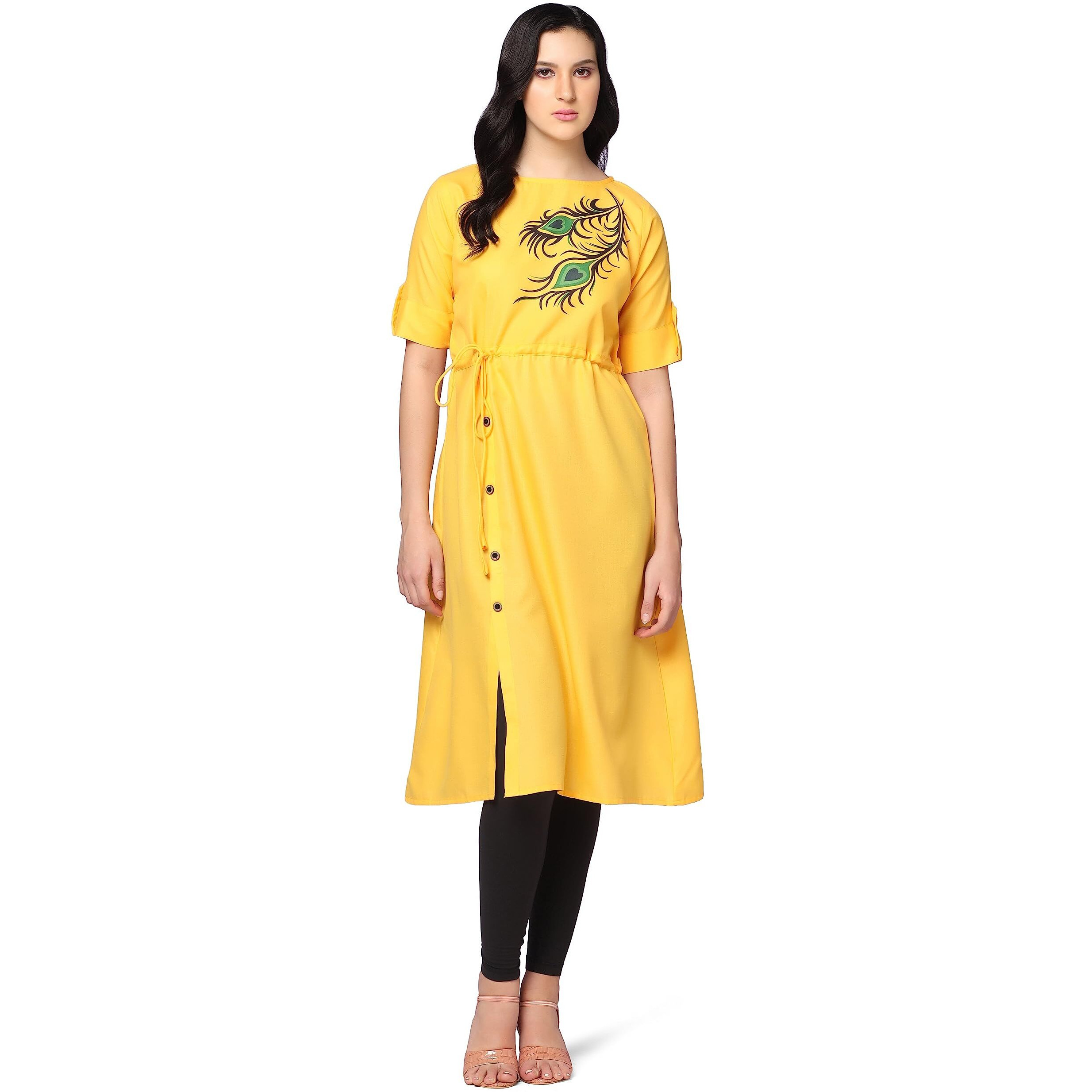 Greciilooks Women Rayon Casual Regular Fit Kurti (Yellow, X-Large)