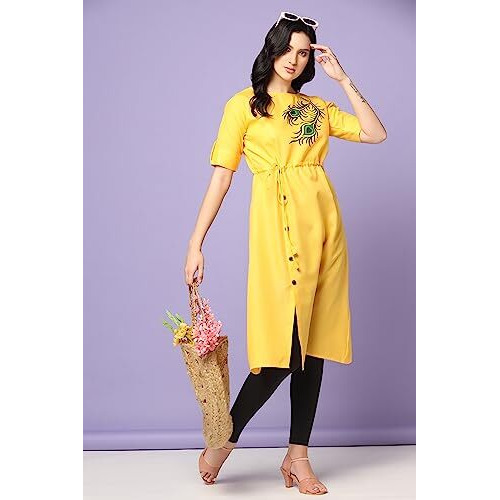 Greciilooks Women Rayon Casual Regular Fit Kurti (Yellow, X-Large)