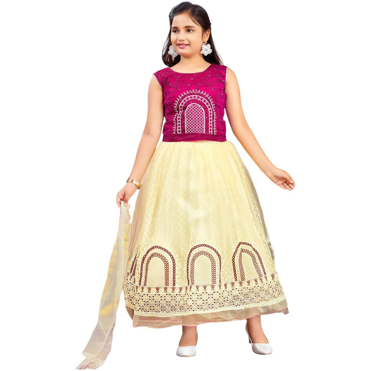 Aarika Girls Ethnic Wear Maroon-Beige Colour Thread Embroidery Net Lehenga Choli Set (4-10 Years)
