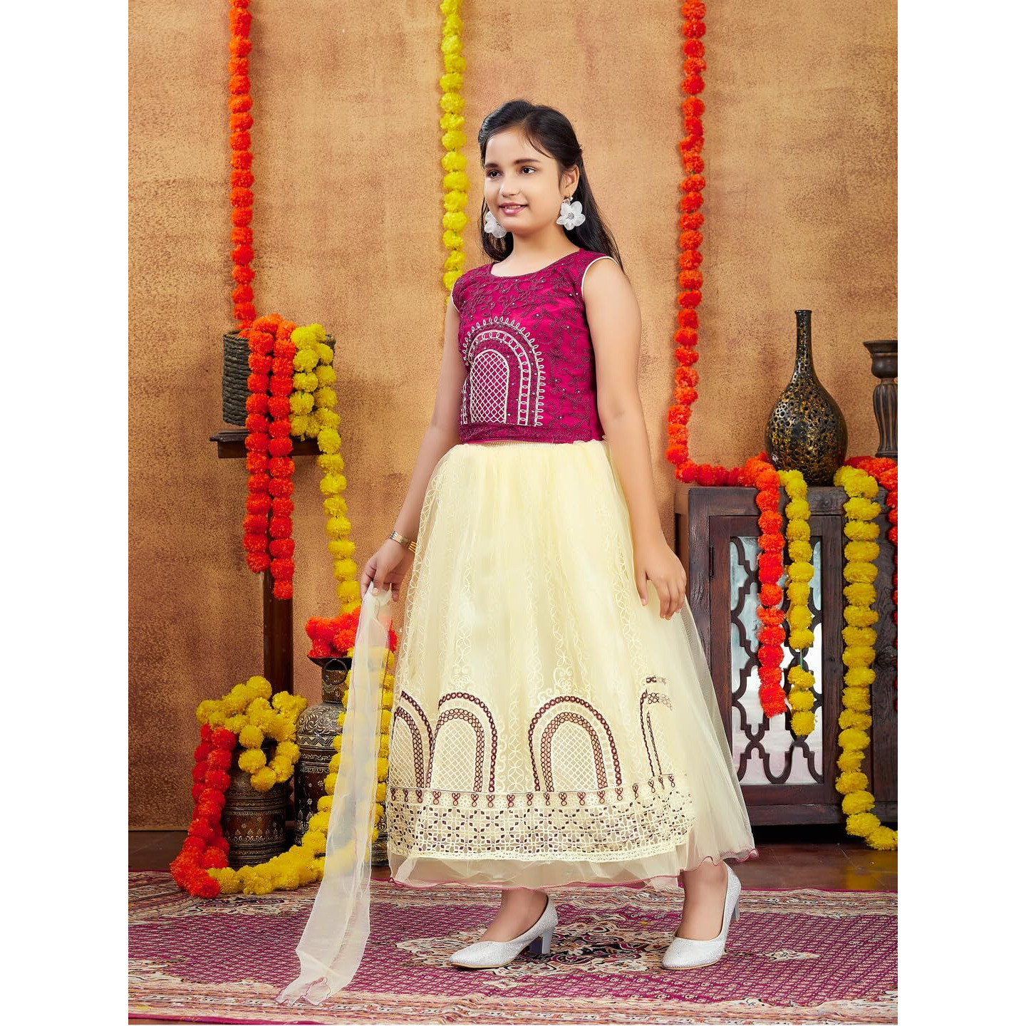 Aarika Girls Ethnic Wear Maroon-Beige Colour Thread Embroidery Net Lehenga Choli Set (4-10 Years)