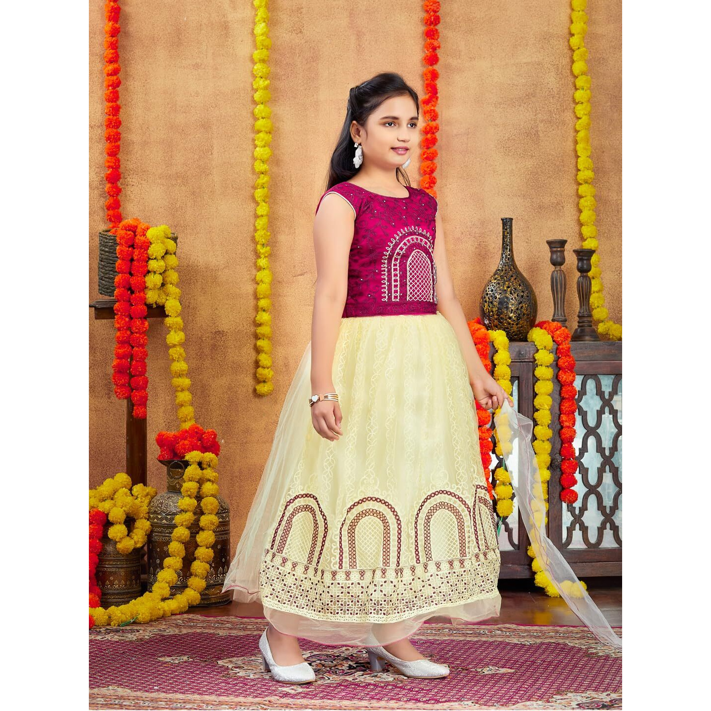 Aarika Girls Ethnic Wear Maroon-Beige Colour Thread Embroidery Net Lehenga Choli Set (4-10 Years)