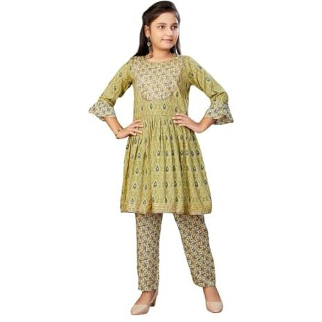 Aarika Girls Ethnic Wear Green Colour Leaf Pattern With Gota Lace Rayon Kurti Pant Set (4-15 Years)