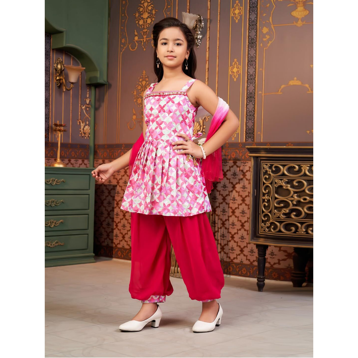 Aarika Girls Ethnic Wear Rani Colour Beads Embroidery Cotton Blend Kurti Patiala Set With Dupatta-4-9 Years (Pt-Shm-5016)