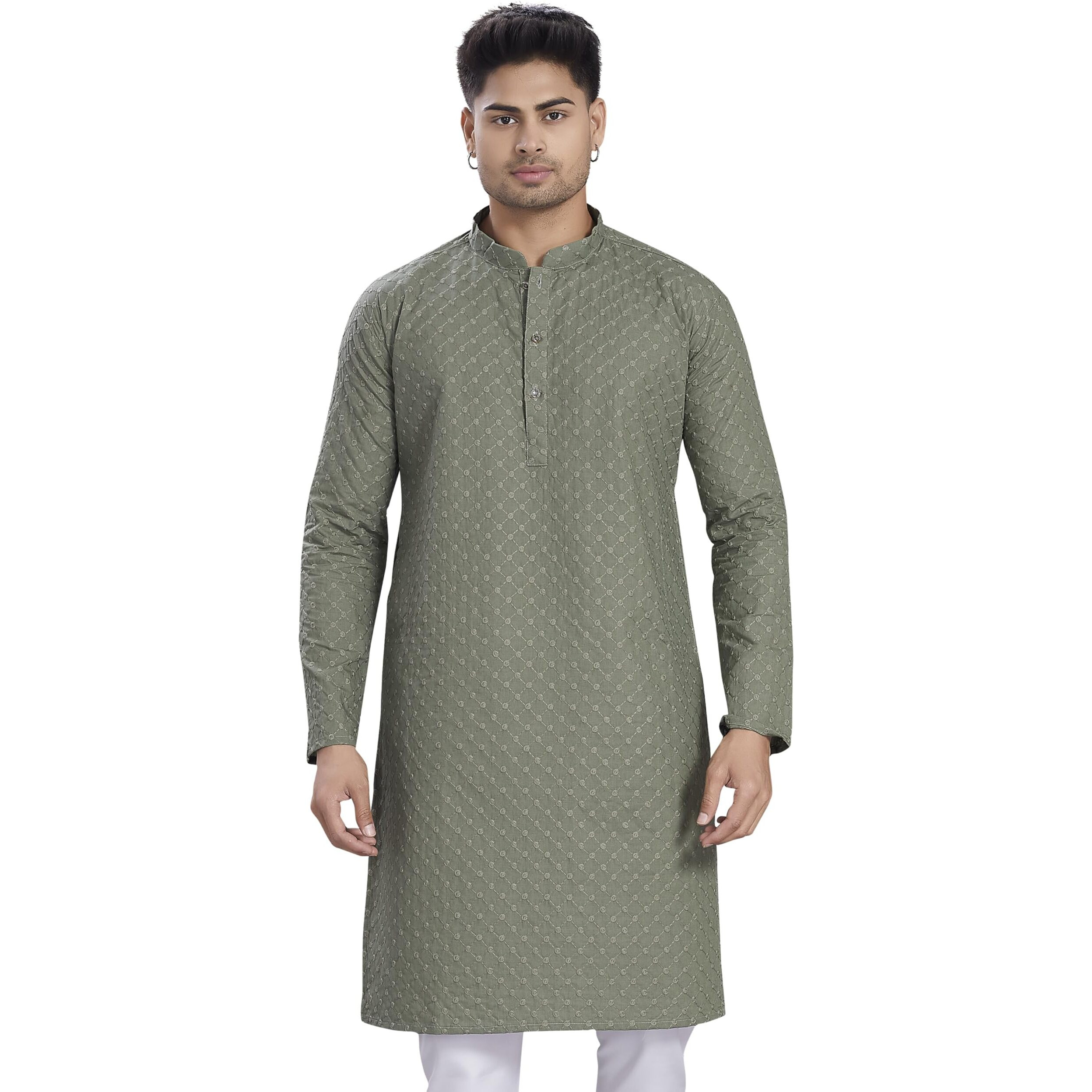 Divisive Men's Thread Embroidered Cotton Only Slim Fit Kurta (Dkrt1072_Xxxl_Olive)