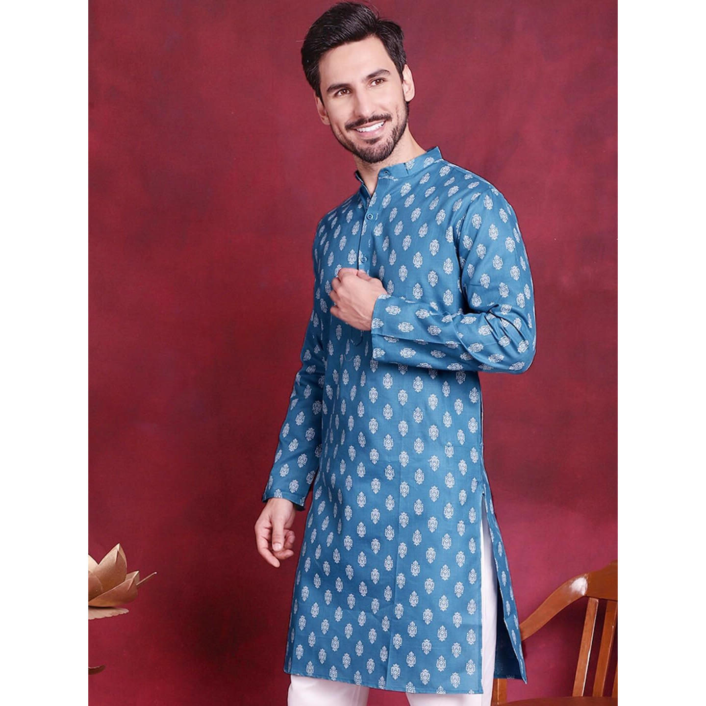 Jompers Teal Floral Printed Kurtas For Men (Teal, S)