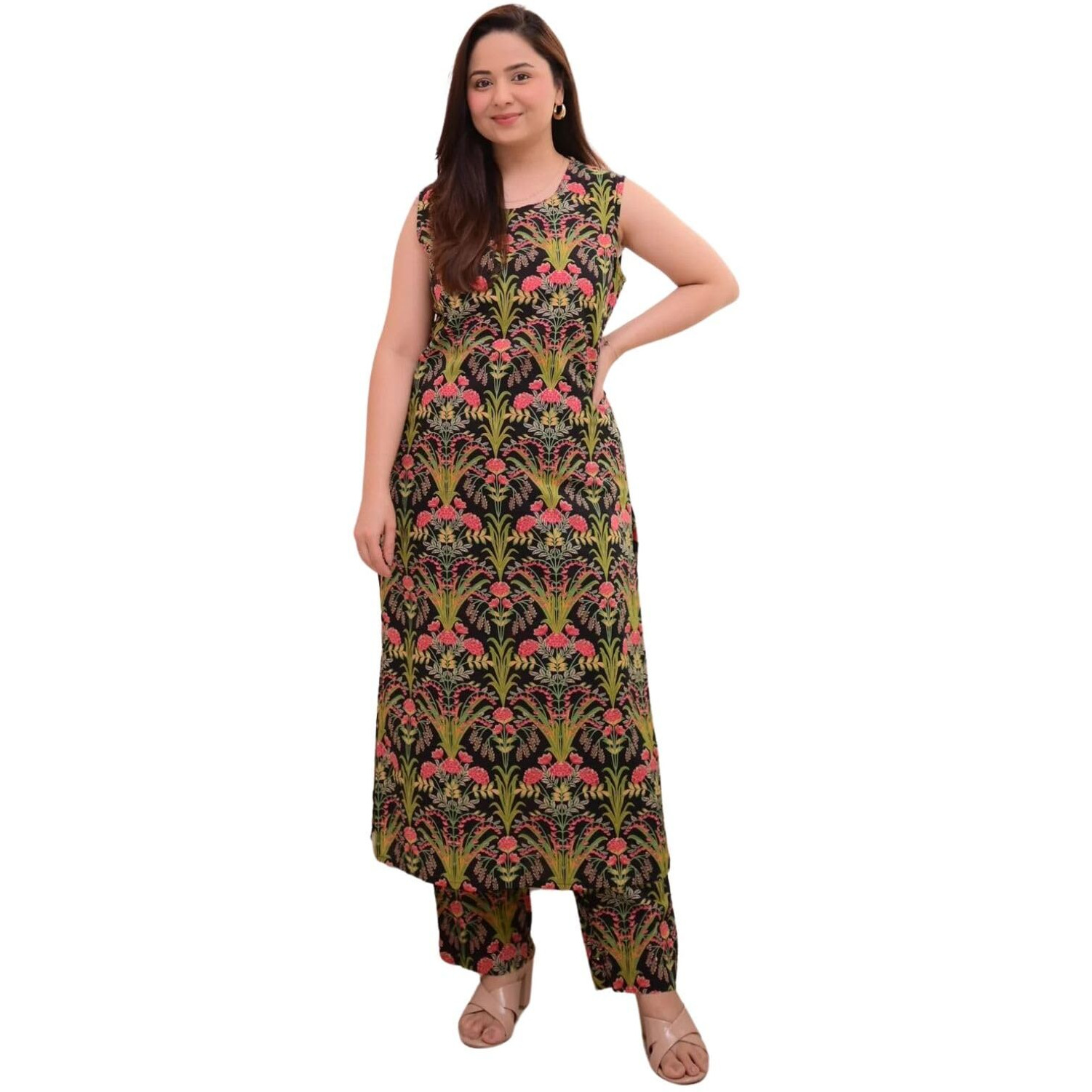 Leriya Fashion Women's Viscose Rayon Regular Floral (Lf-W.Kurta Set-K2768&P190_Black