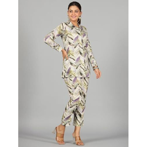 Nainvish Women's Yellow & Purple Printed Straight Rayon Blend Collar Neck Co-Ord Set (Sd731_Kb-Xl_Yellow & Purple)
