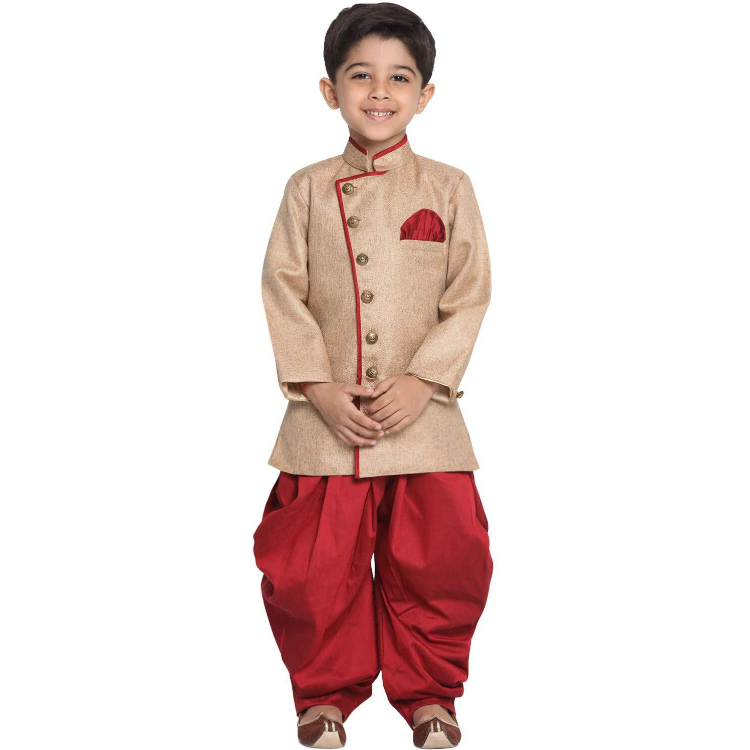 Jbn Creation Boys' Biscuit And Maroon Cotton Blend Sherwani And Dhoti Pant Set_Jbnbciw124Ncdma_32