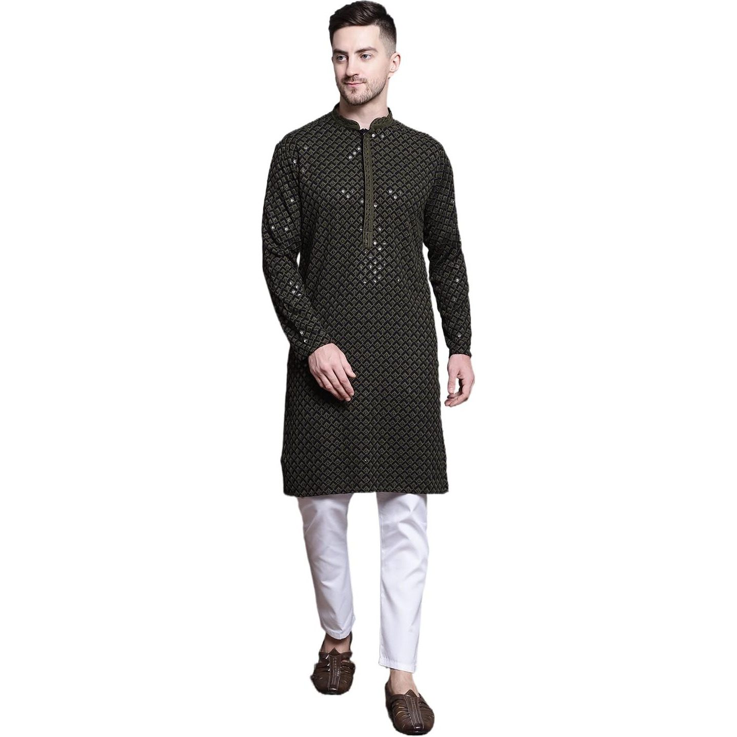 Jompers Mens Sequin Embroidered Pure Cotton Kurta With Pyjamas (Mehndi, M)