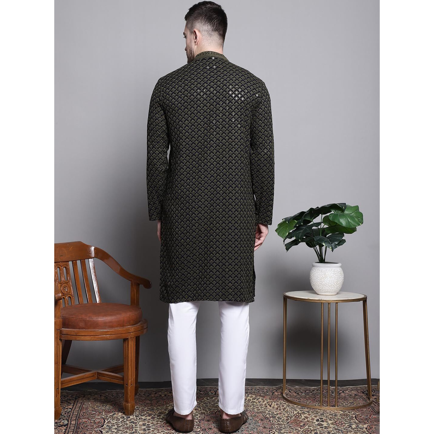 Jompers Mens Sequin Embroidered Pure Cotton Kurta With Pyjamas (Mehndi, M)