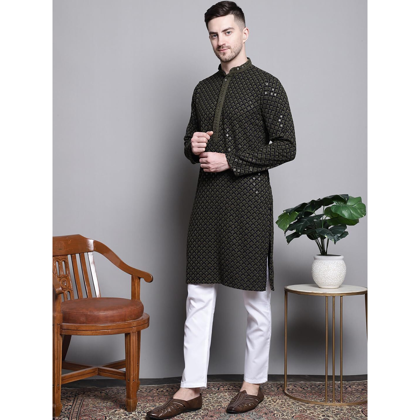 Jompers Mens Sequin Embroidered Pure Cotton Kurta With Pyjamas (Mehndi, M)