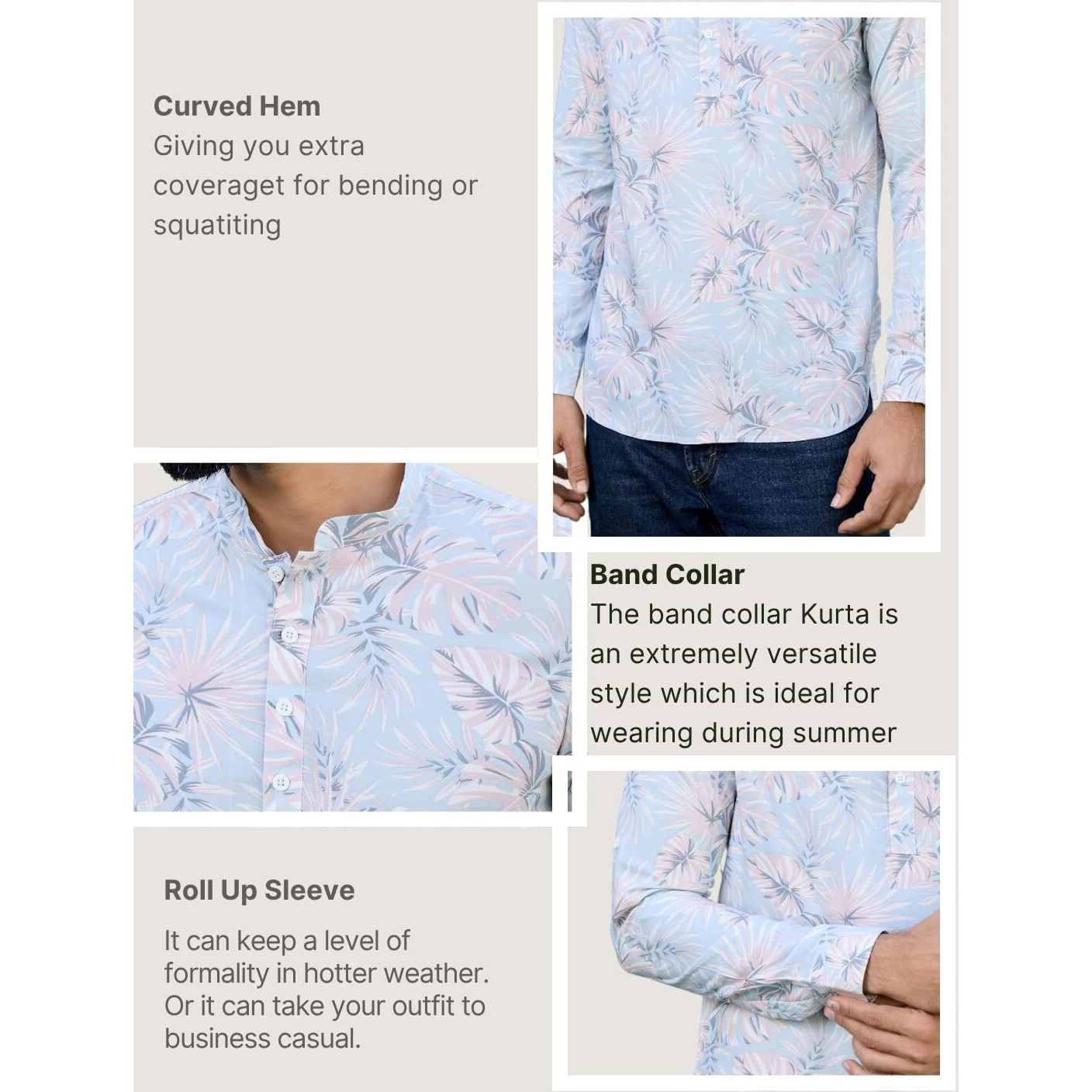 See Designs Men's Roll-Up Sleeve Mandarin Collar Blue-Pink Tropical Printed Rayon Short Kurta - Sdkt2933M