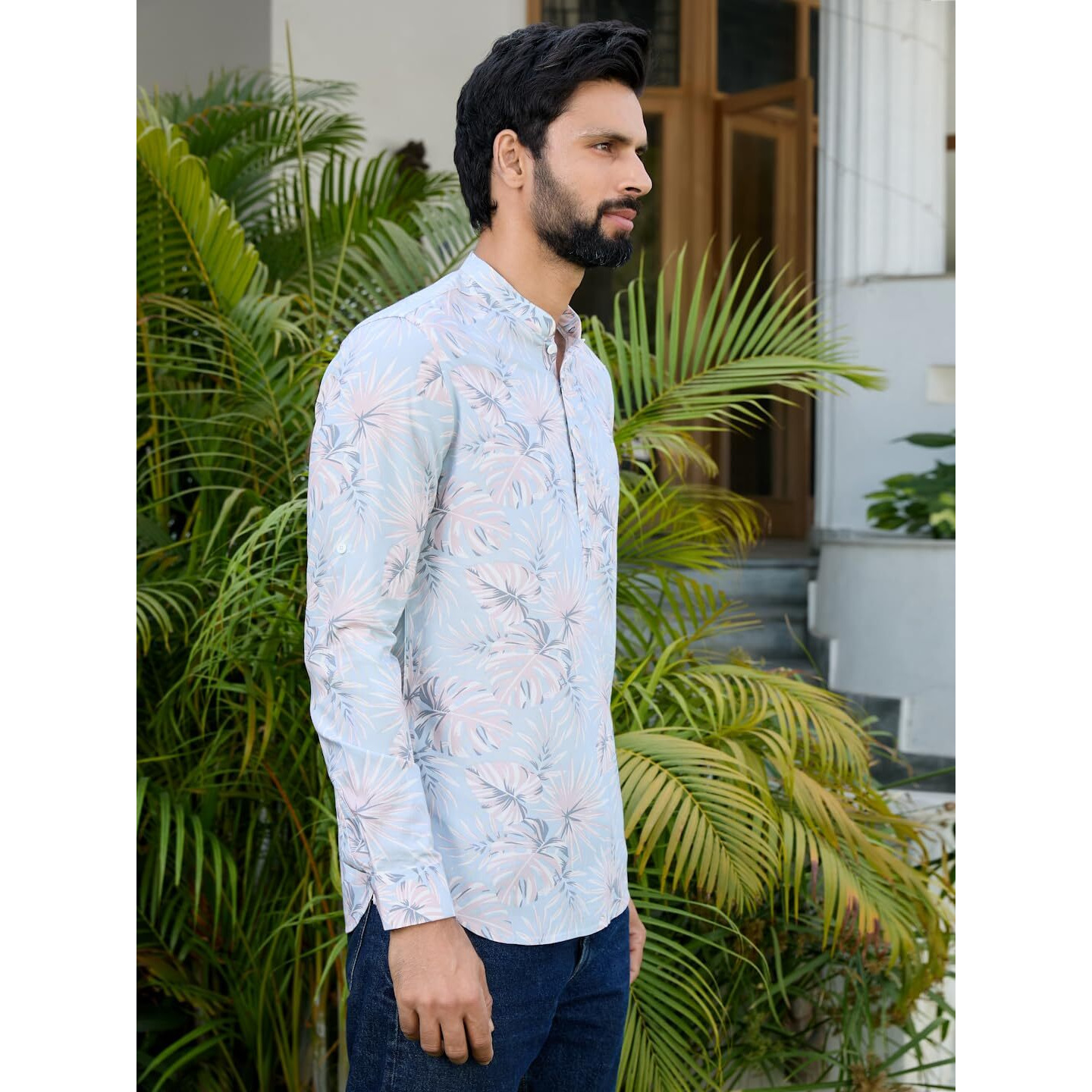 See Designs Men's Roll-Up Sleeve Mandarin Collar Blue-Pink Tropical Printed Rayon Short Kurta - Sdkt2933M
