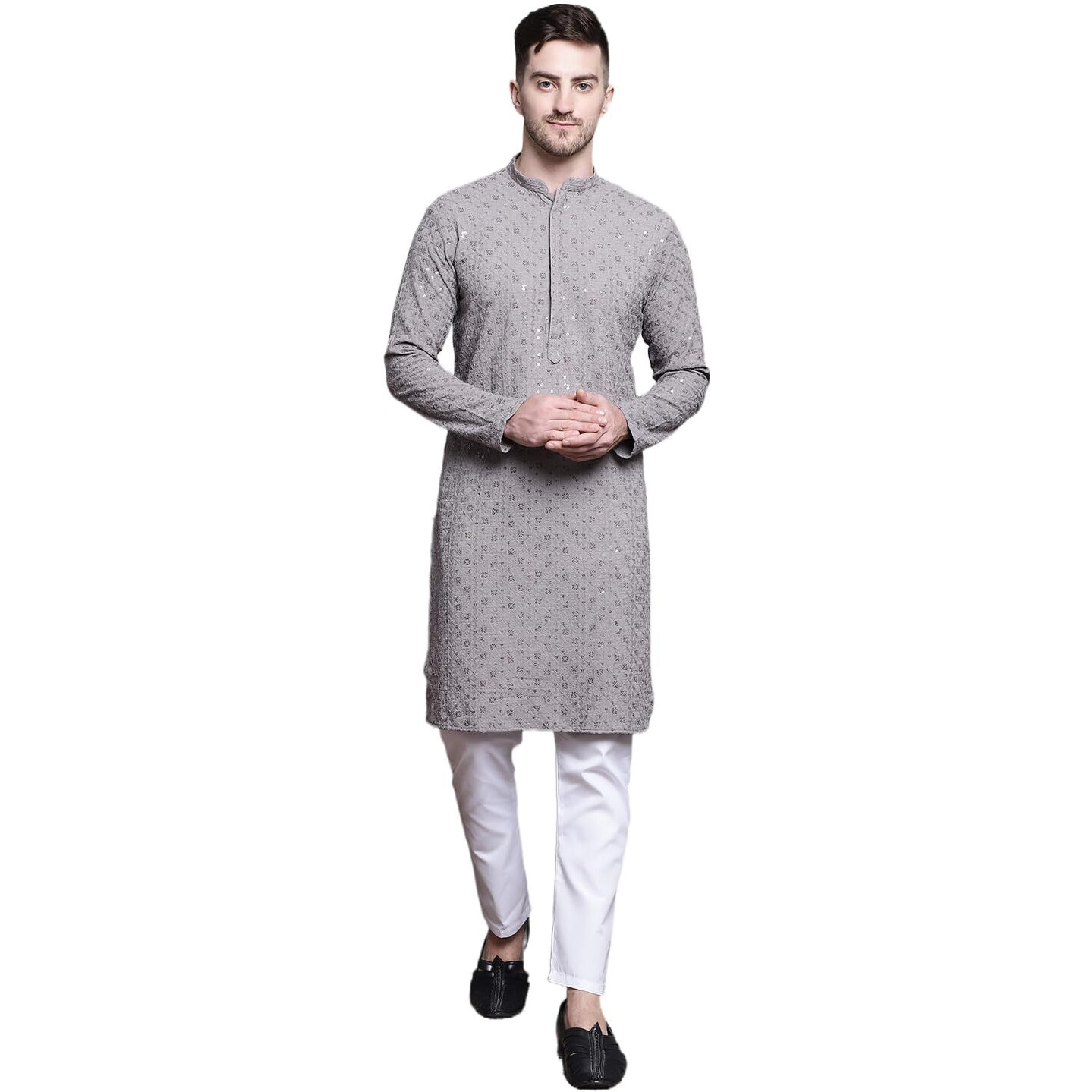 Jompers Men's Sequin Embroidered Pure Cotton Kurta With Pyjamas (Grey, S)