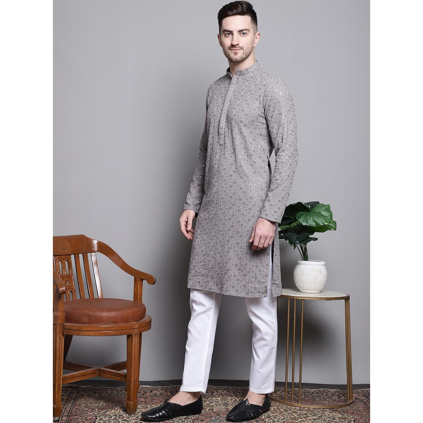 Jompers Men's Sequin Embroidered Pure Cotton Kurta With Pyjamas (Grey, S)