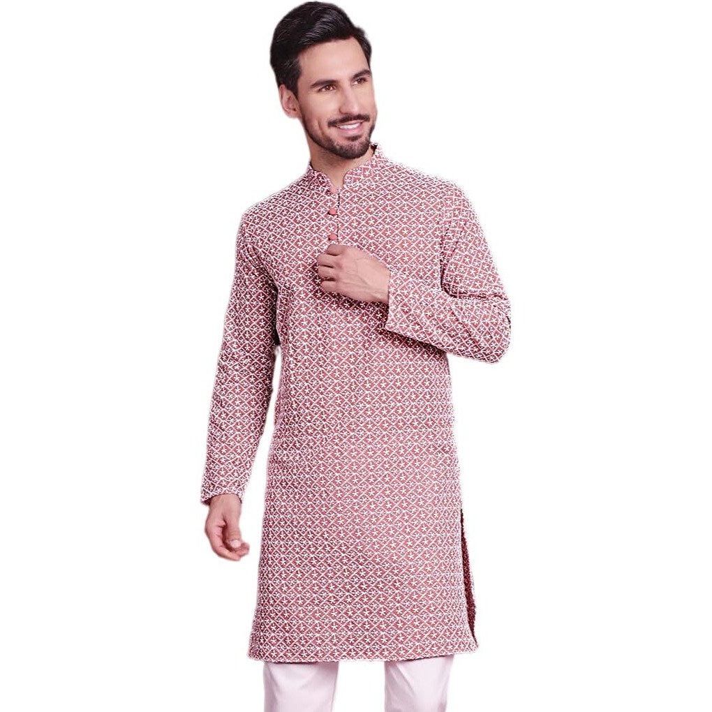 Jompers Chikankari Embroidered Kurtas For Men (Coral, Xxl)
