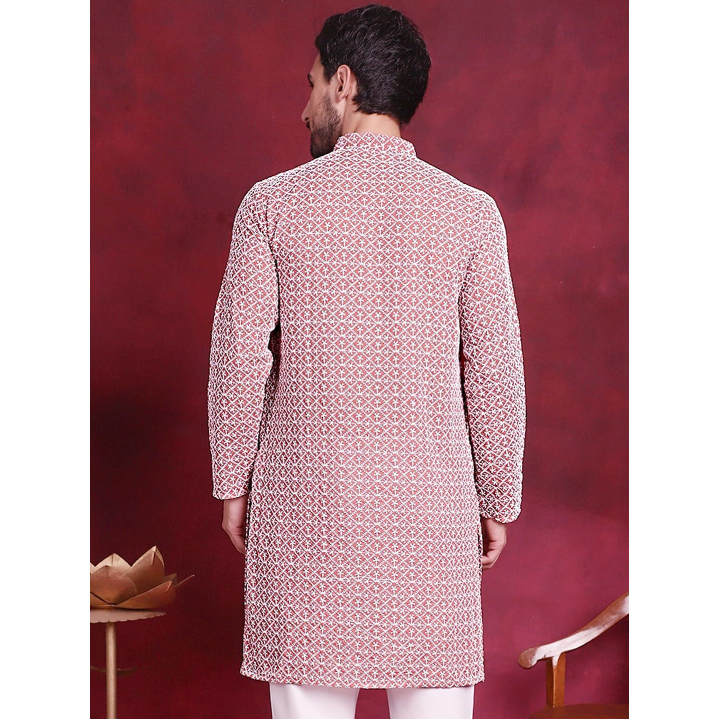 Jompers Chikankari Embroidered Kurtas For Men (Coral, Xxl)