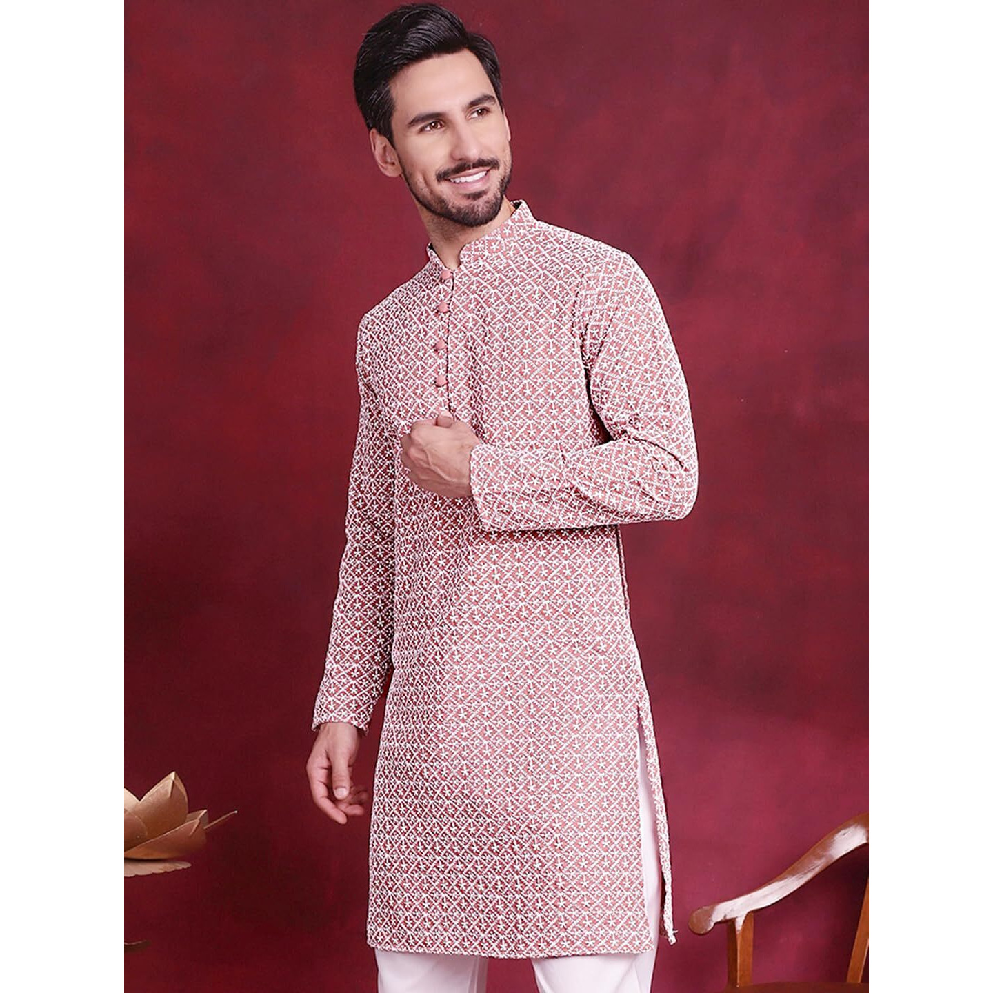 Jompers Chikankari Embroidered Kurtas For Men (Coral, Xxl)