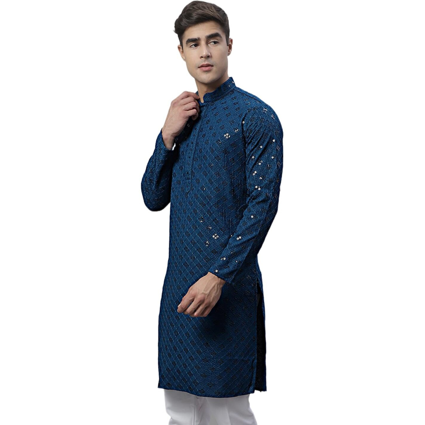 Jompers Men's Chikankari Embroidered And Sequence Kurtas Only (Peacock, Xxl)