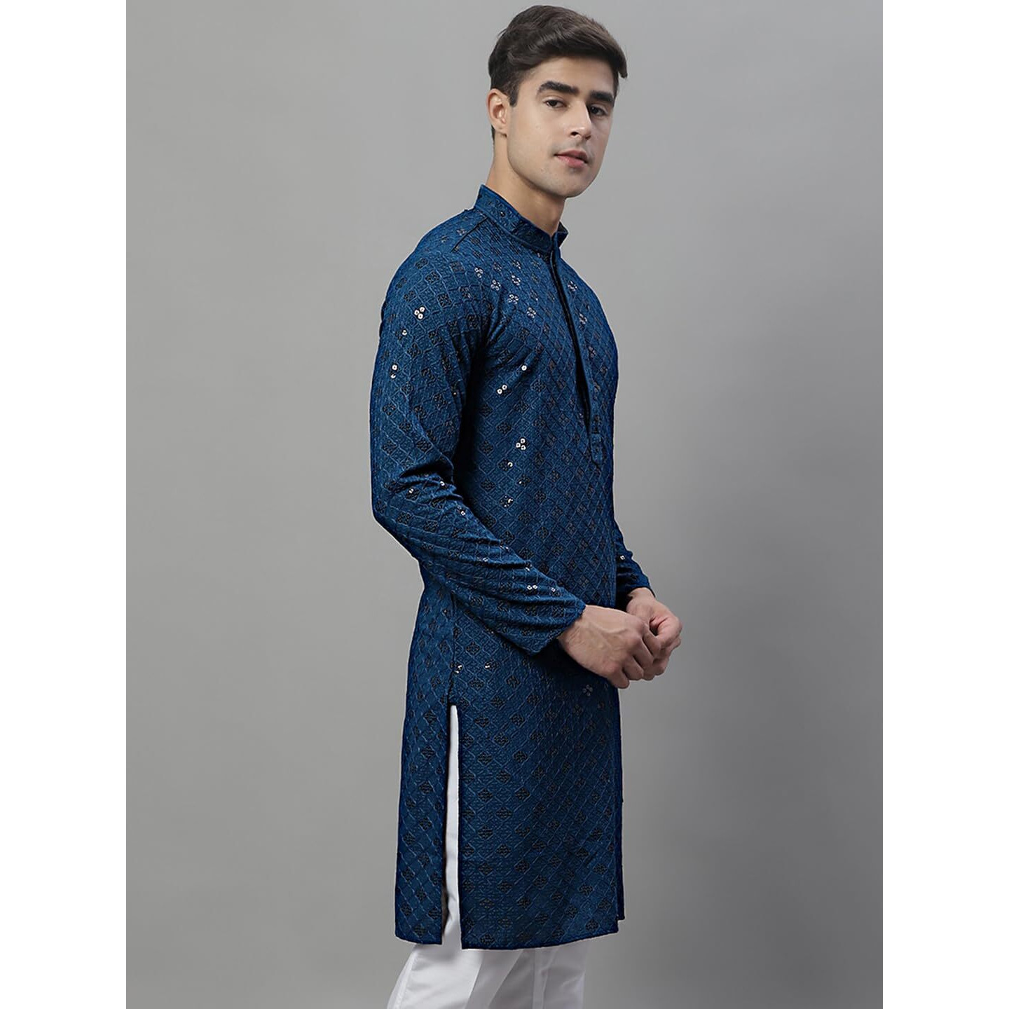 Jompers Men's Chikankari Embroidered And Sequence Kurtas Only (Peacock, Xxl)