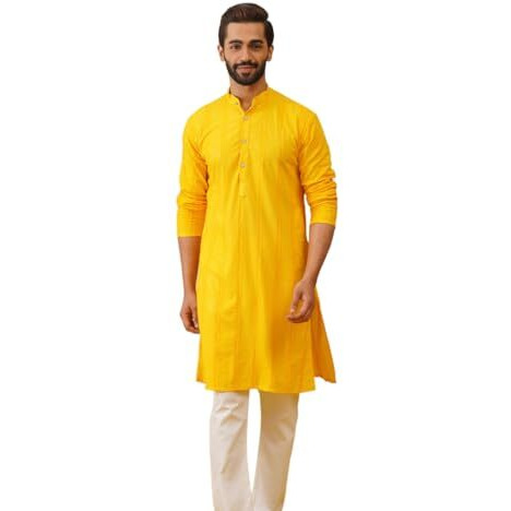 Jompers Men's Yellow Sequins Chikankari Embroidered Kurta With Pyjama (Yellow, M)