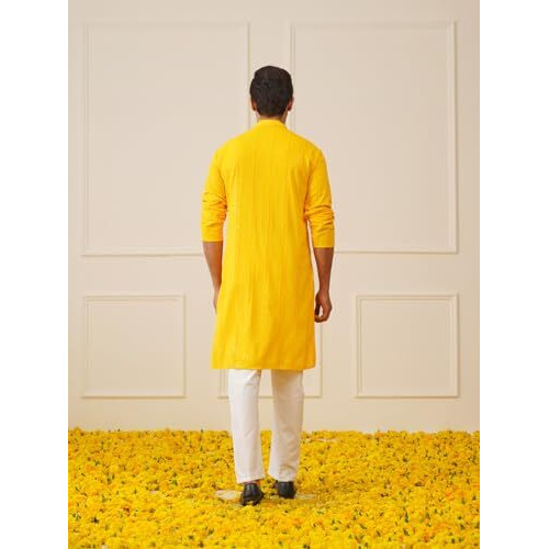 Jompers Men's Yellow Sequins Chikankari Embroidered Kurta With Pyjama (Yellow, M)